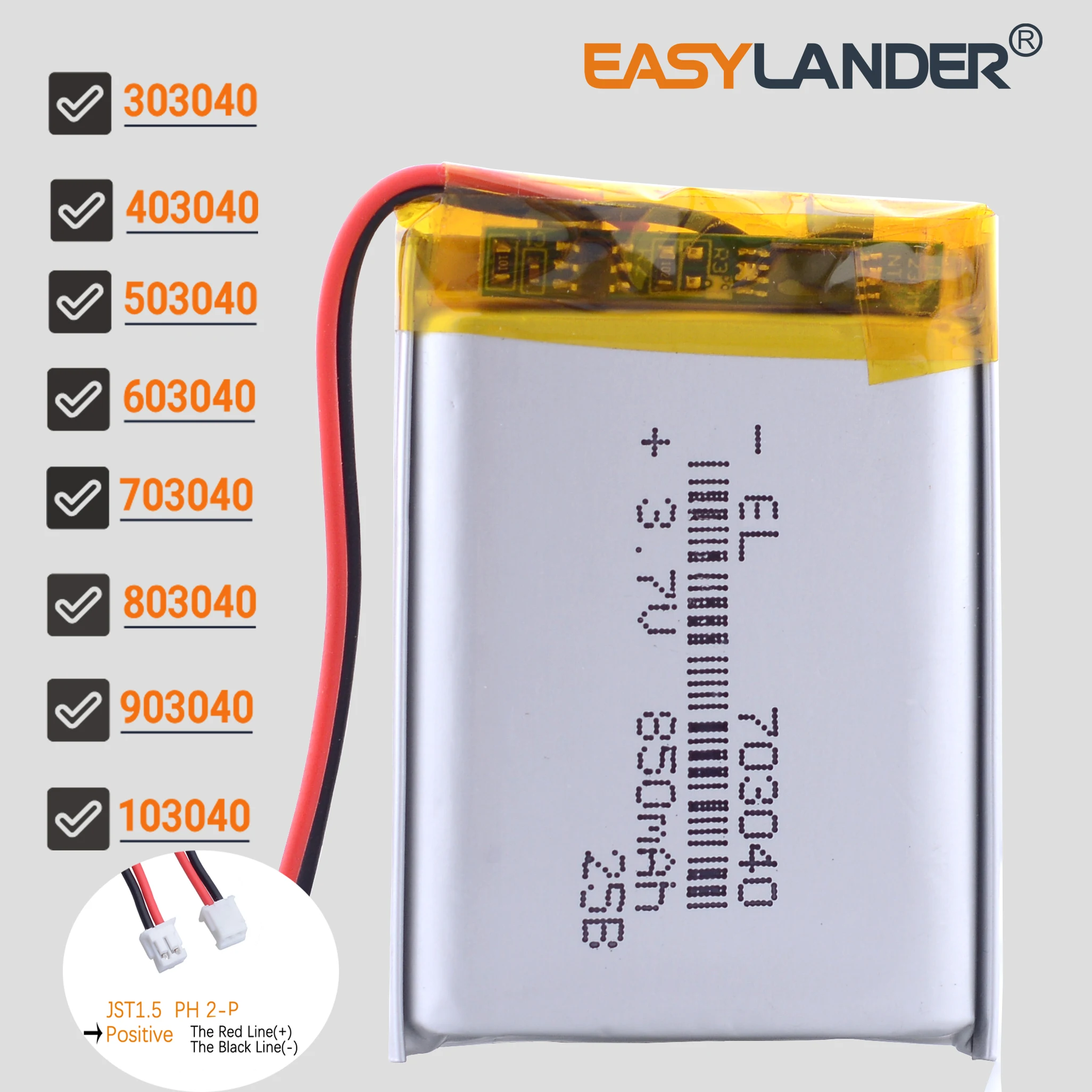 JST1.5mm 2Pin 603040 3.7V 800mAh Lithium Li-ion Polymer Battery 303040 403040 503040 703040 803040 903040 103040 123040