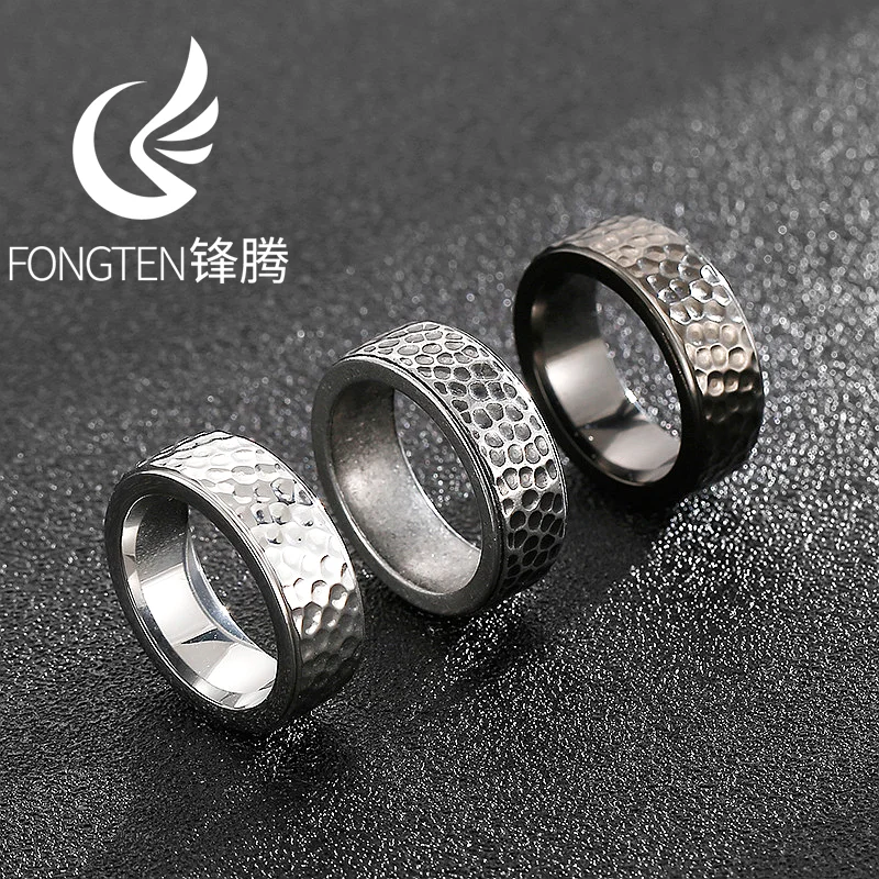 Fongten Retro Hammered Finish Stainless Steel Men's Ring Hip-Hop Style Finger Accessories Fashion Jewelry Party Gift