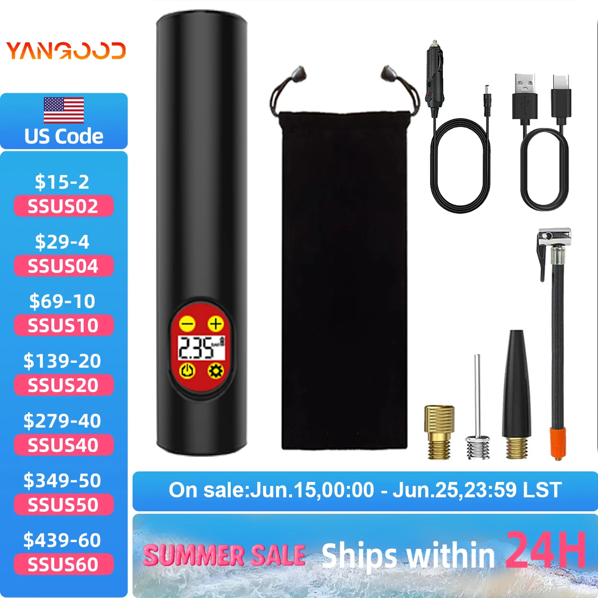 

Yangood 6000mAh Portable Tire Air Pump Car Tyre Inflator Air Compressor Auto Wireless Electric inflation Pump for Car Balls Bike