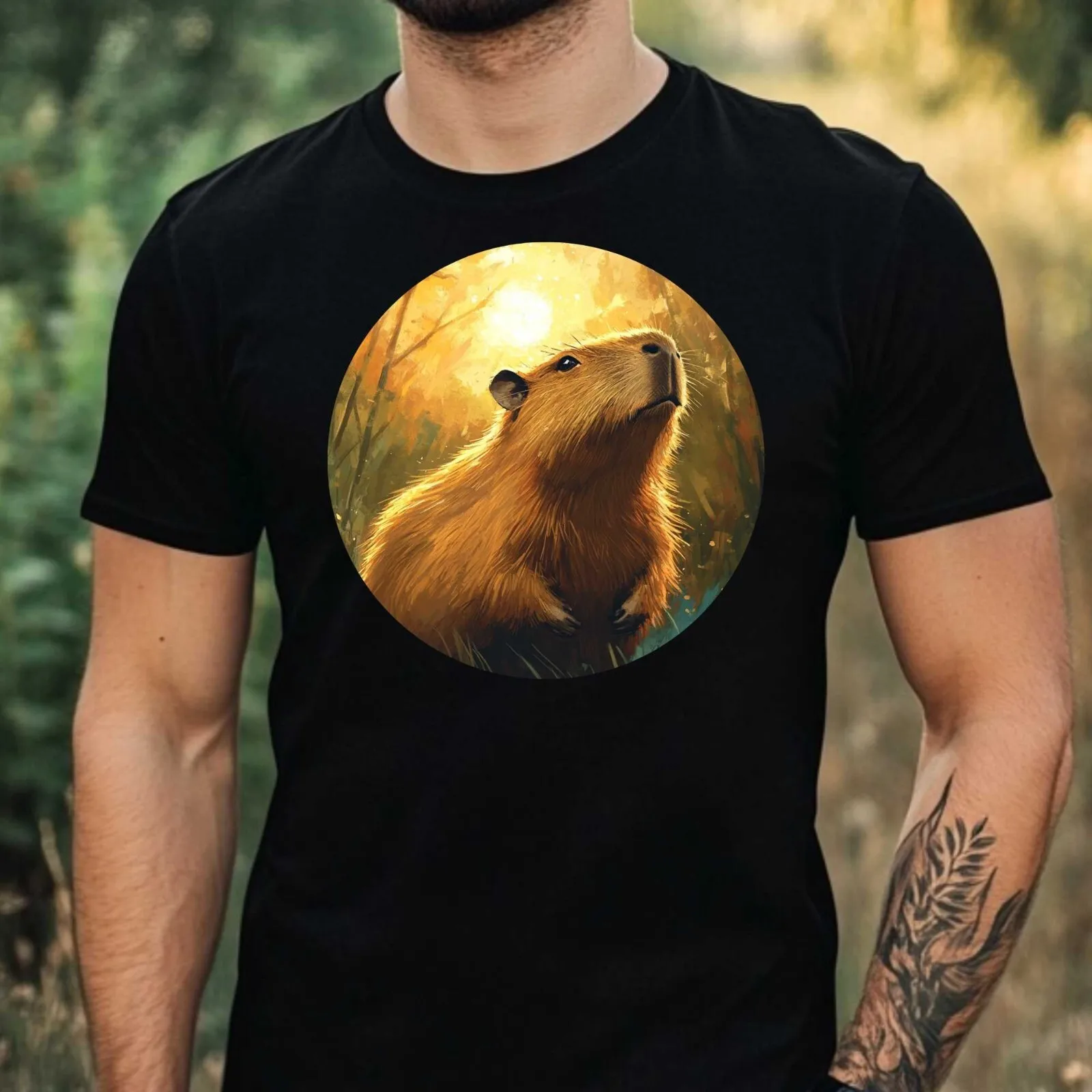 Mens Capybara Moonlight Motif Cotton T-Shirt Size XS to 5XL