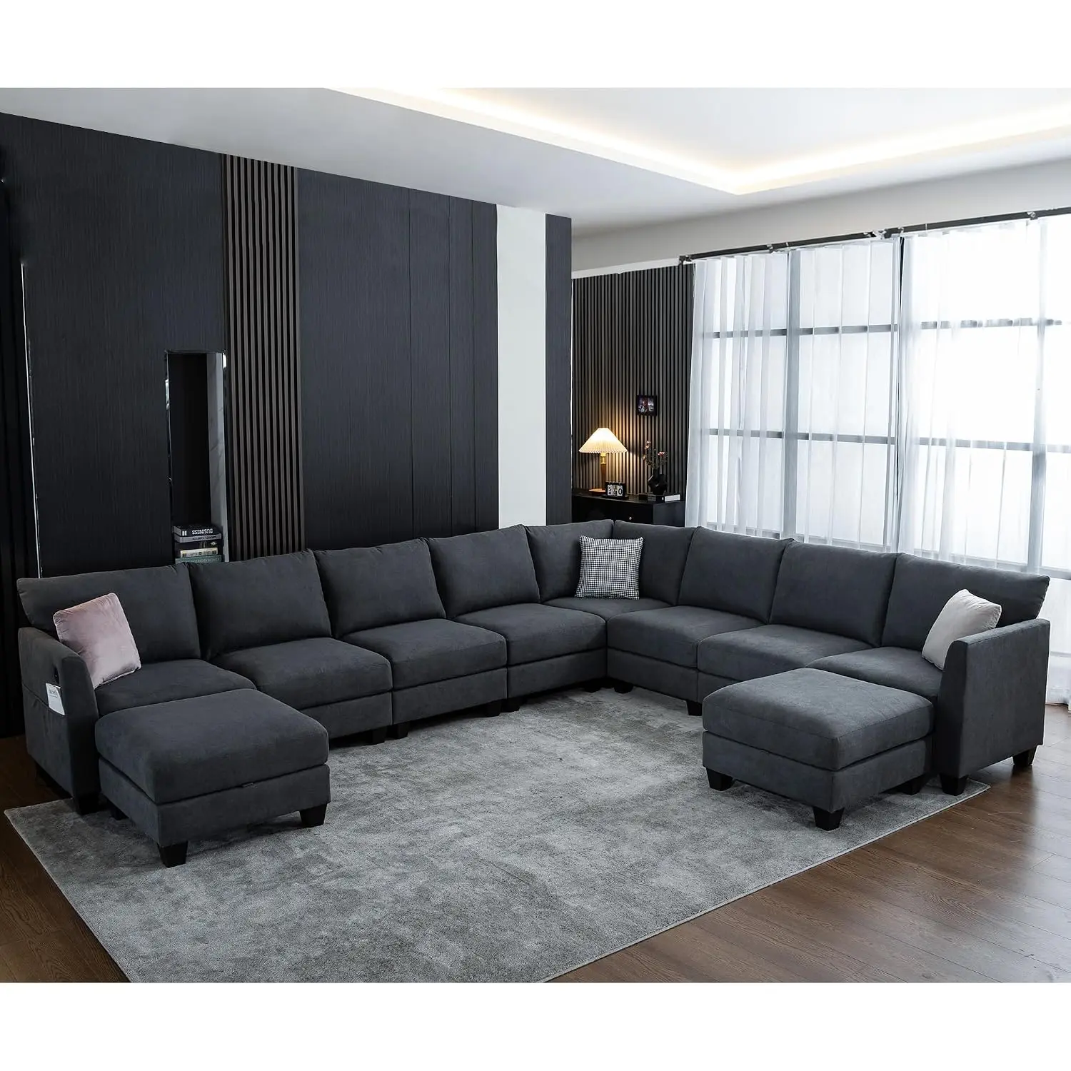 150.4" Large Sectional Sofa for Living Room, Grey, Customized