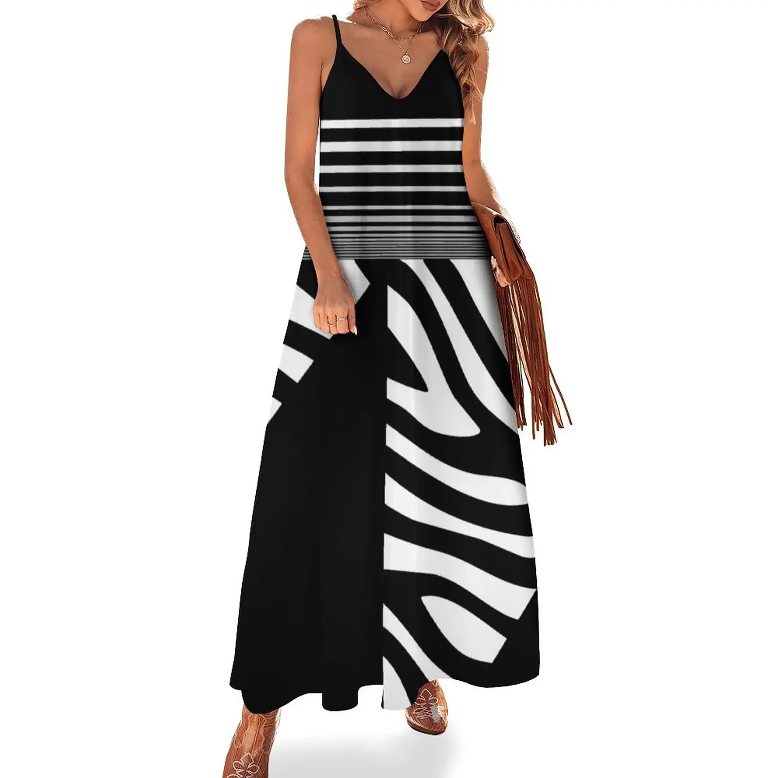 

Zebra Print and Pin Stripes Animal Print Black and White Sleeveless Dress women's dresses luxury luxury dresses