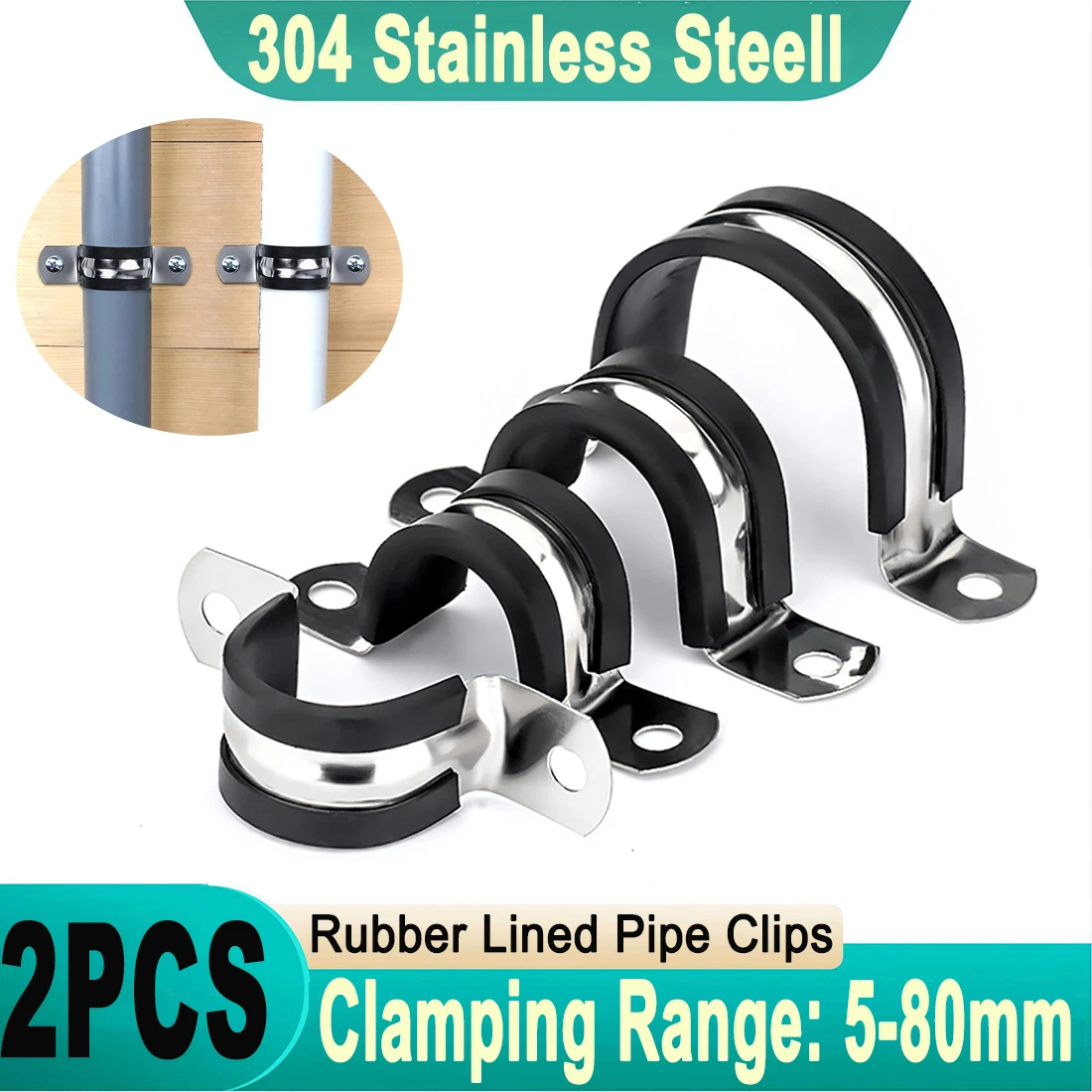Stainless Steel 2-hole Pipe Clamps Rubber Lined Pipe Clamp U Clips With Insulated Rubber Pipe Strap Hanger Clamp 5mm~80mm