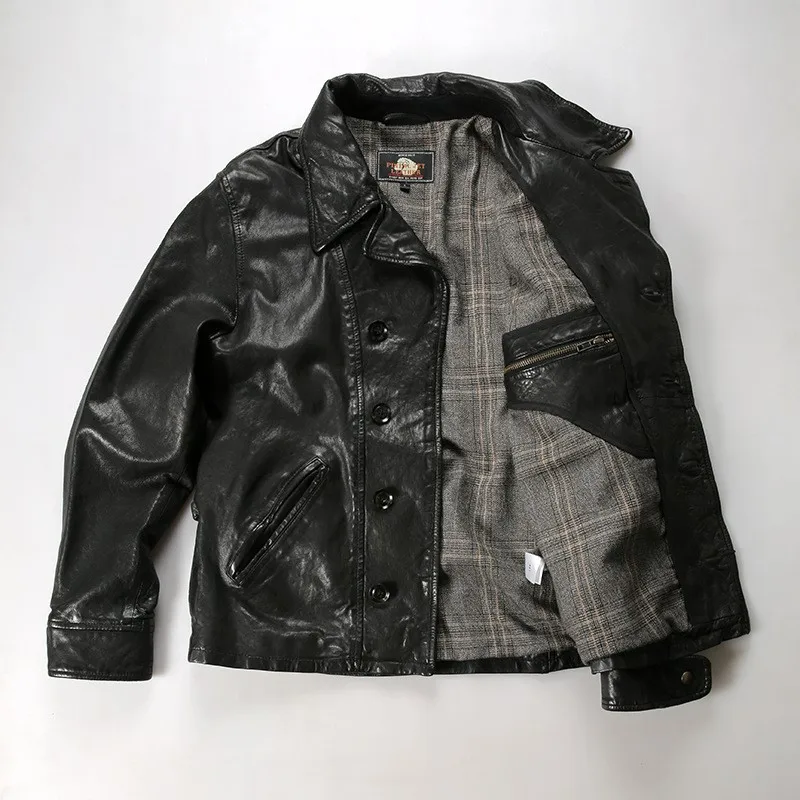 A fully vegetable-tanned leather for men with lapel and single-breasted casual short motorcycle