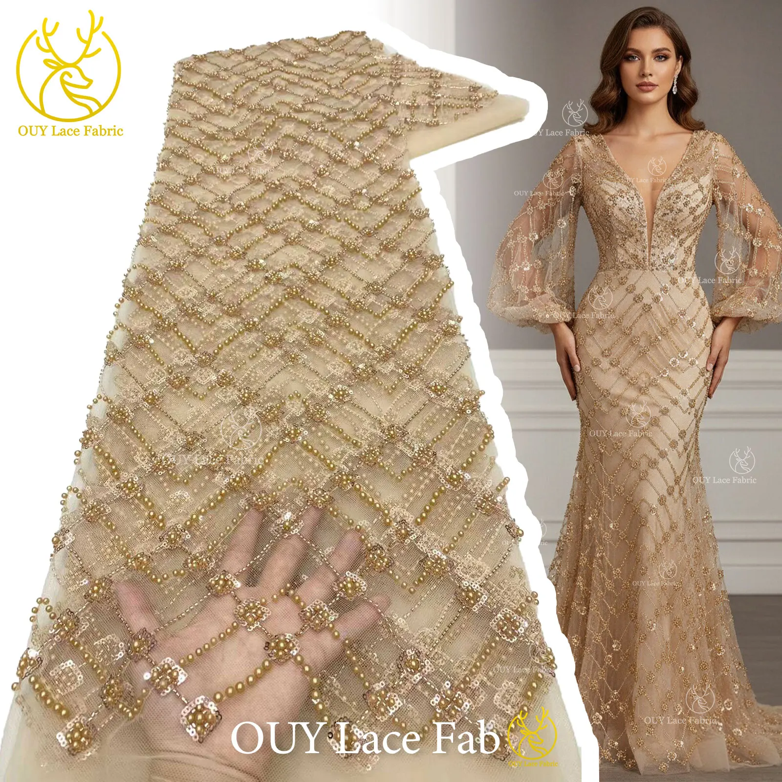 

Champagne Luxury African Groom Beaded Lace Fabric 2026 High Quality Lace Bridal Dress Lace Fabric Nigerian Sequins Lace Fabric