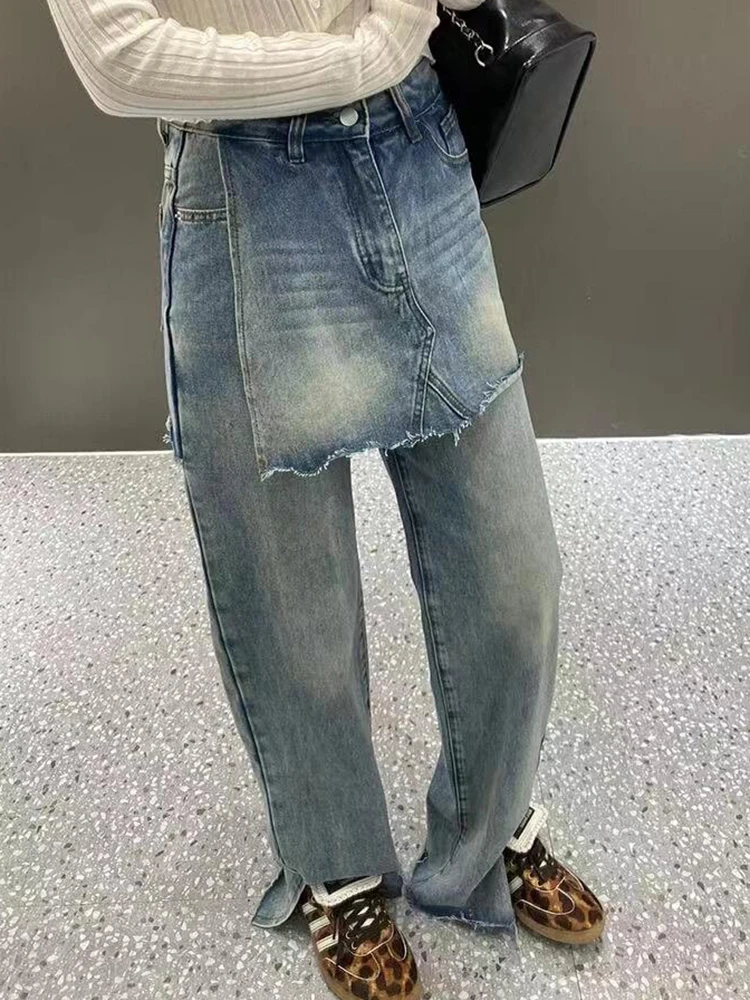 PBAP Wrap Skirt Wide Leg Jeans Distressed Trendy Fake Two-piece Side Slit Raw Edge High Waist Denim Pants Korean Women Clothes