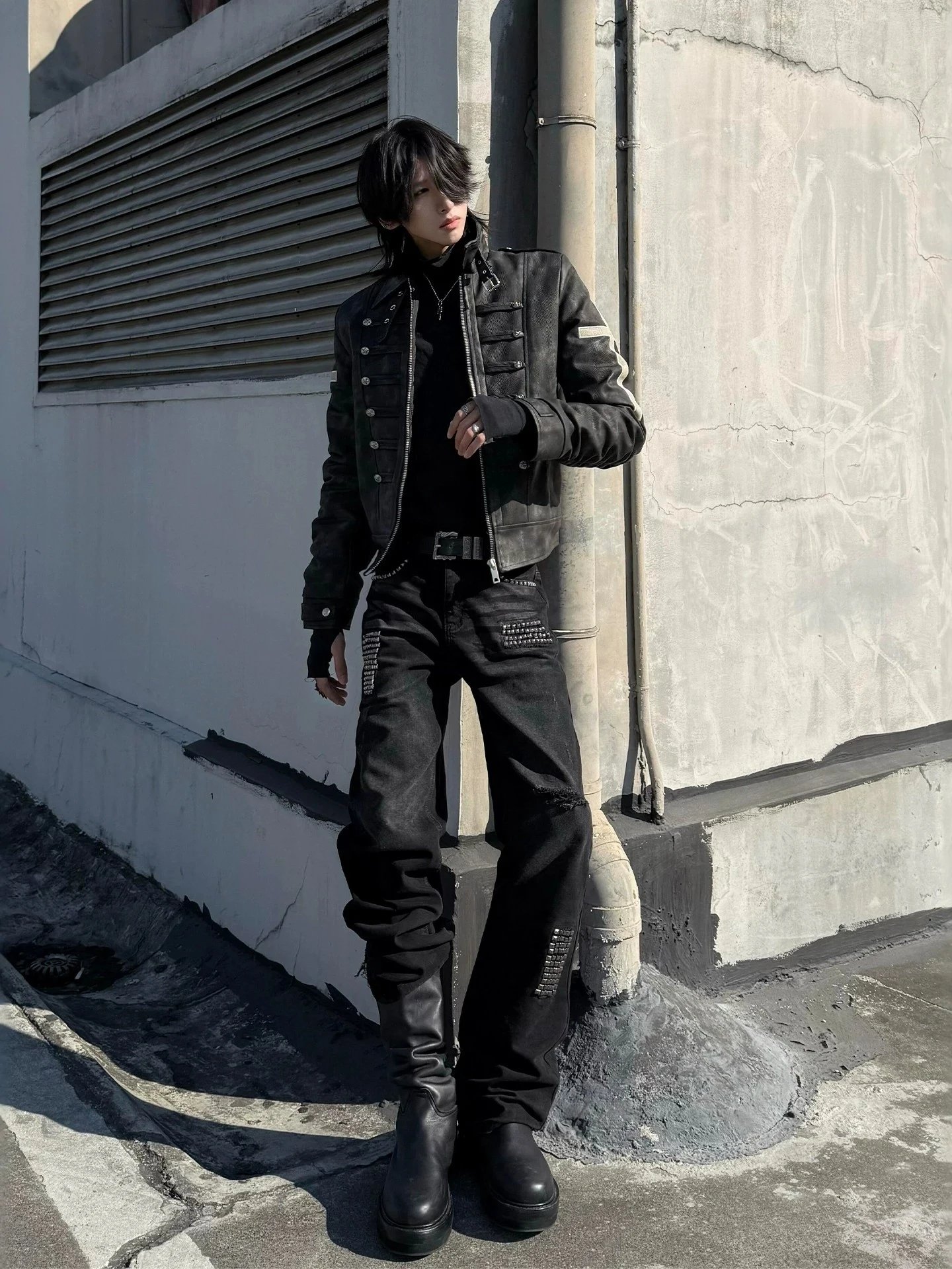 Slim Fit Leather Jacket Men Women Cross Button Belted Two-Way Wear PU Leather Windproof Warm Short Style Zipper Closure