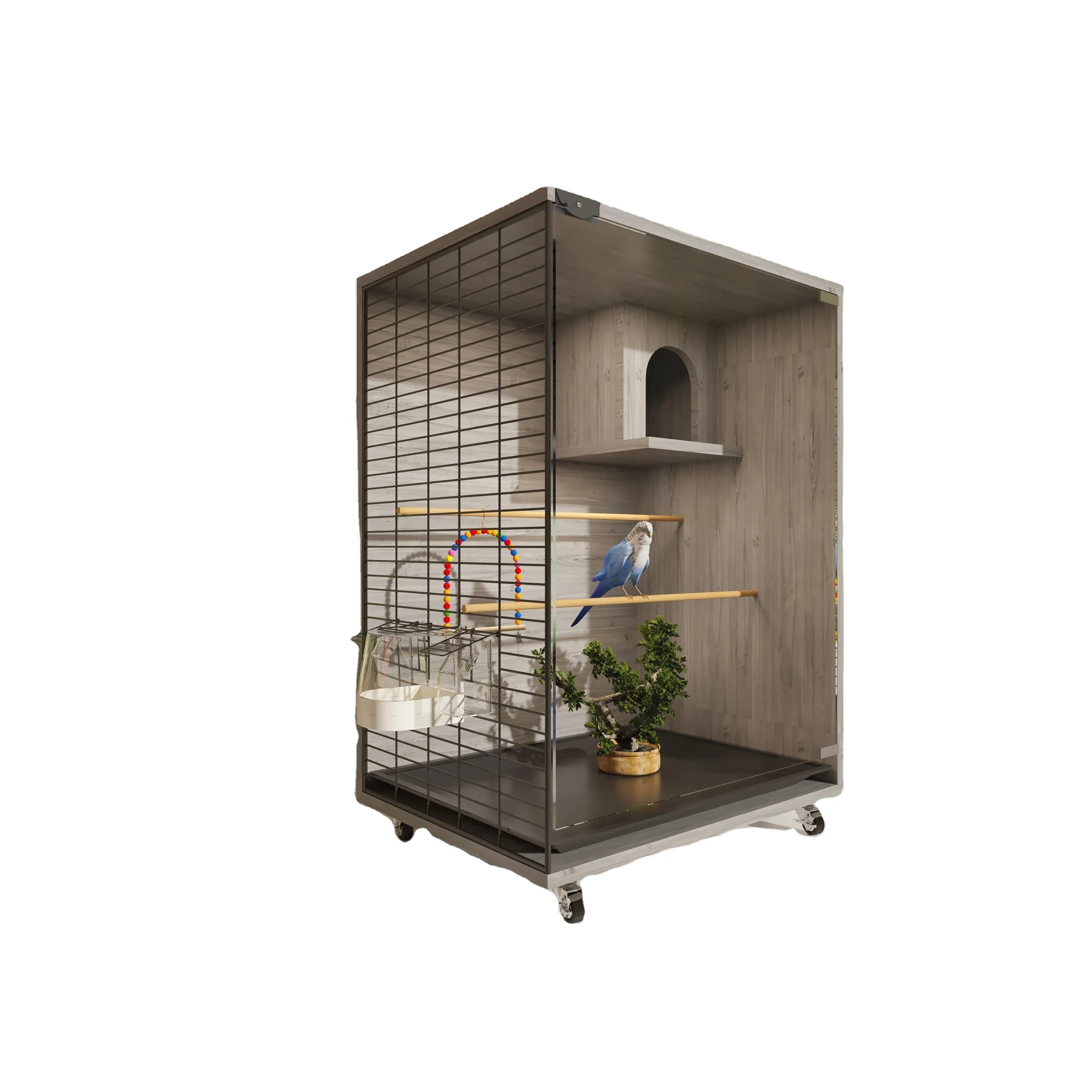 

Factory OEM Tempered Glass Displaying Wooden Cabinet Parrot Pigeon Nest Box Bird Villa House Luxury Large Breeding Bird Cage