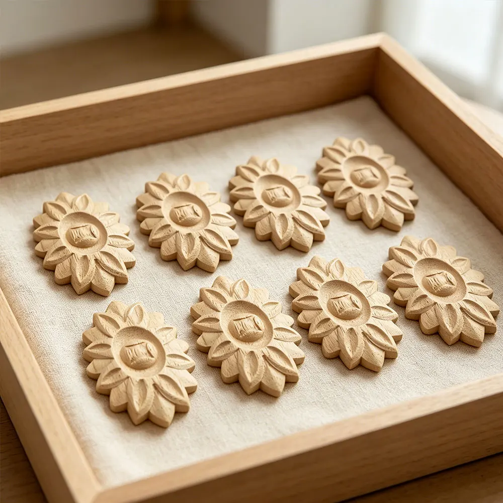 8PCS Corner Appliques Woodcarving Flower Sculptures Unpainted Floral Carved Wooden Crafts Furniture Statues DIY Home Decoration