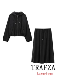 TRAFZA Vintage Casual Chic Women Suit Long Sleeve Loose Hooded Jacket Ball Gown Long Skirt New Fashion 2024 Autumn Winter Suit