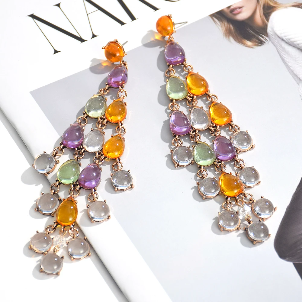 Bohemian Long Colorful Transparent Resin Crystal Tassel Drop Earrings High Quality Jewelry Accessories For Women Girls