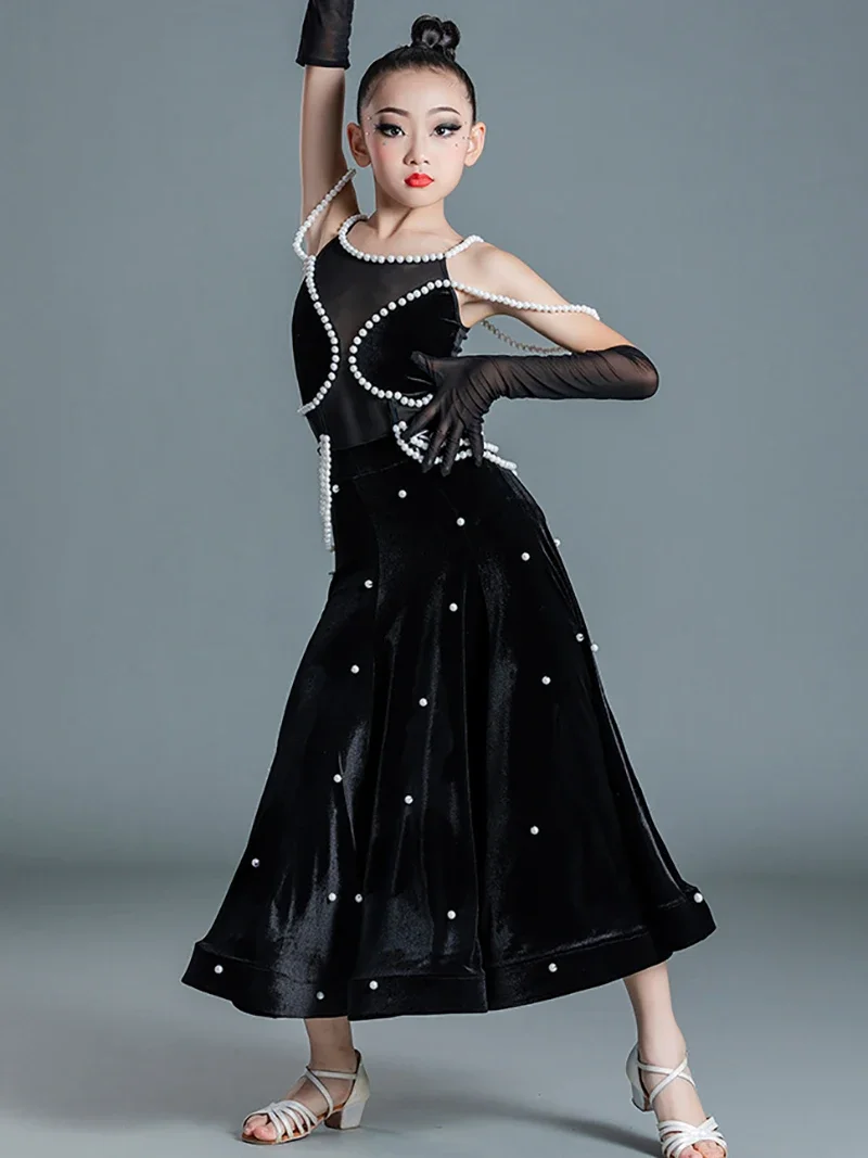 Black Childrens Latin Dance Costume Kids Girls Modern Skirt Velvet Pearl Skirt Performance Practice Outfit Ballroom Dance Outfit