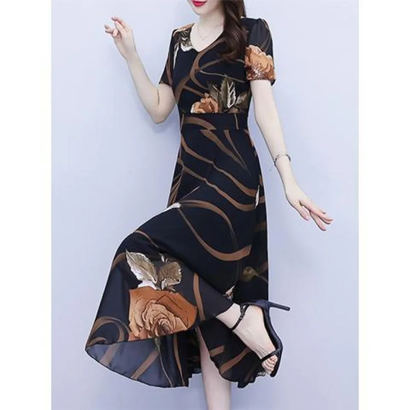 2023 New Summer Fashion Trend Commuting Minimalist V-neck Fresh Print Slimming Waist Covering Belly Casual Vacation Dress