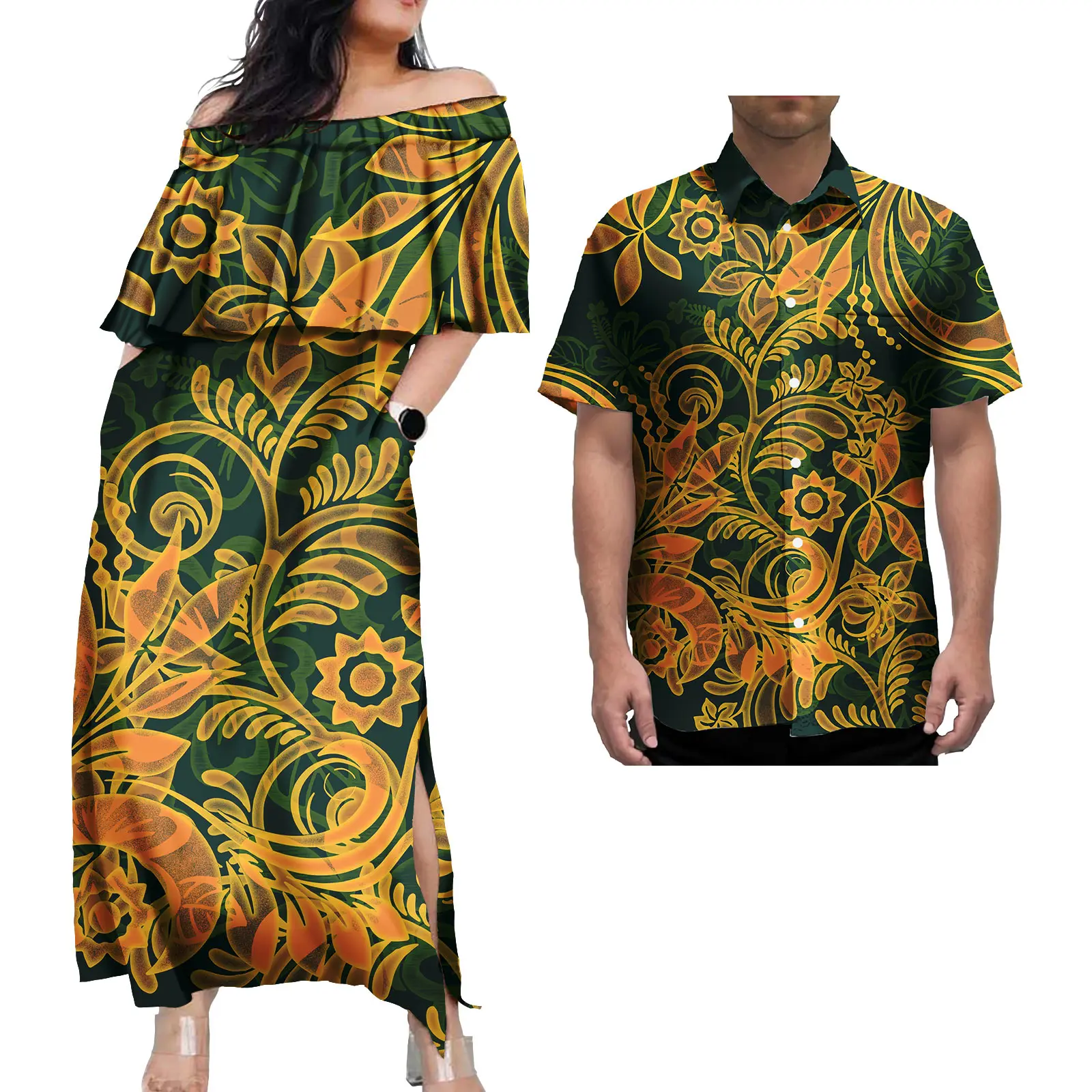 Abiti da coppia da sera Abiti casual con stampa tropicale tribale polinesiana e camicia da uomo Abito da coppia Abiti da coppia tribali eleganti