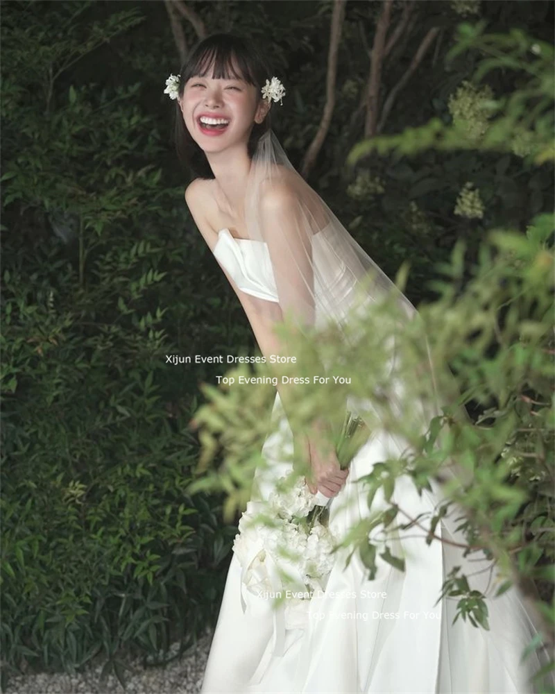 Xijun Princess Ivory Satin Wedding Dresses A-Line Korean Photo Shoot Long Prom Dresses Sleeveless Wedding Party Dress Customized image 2