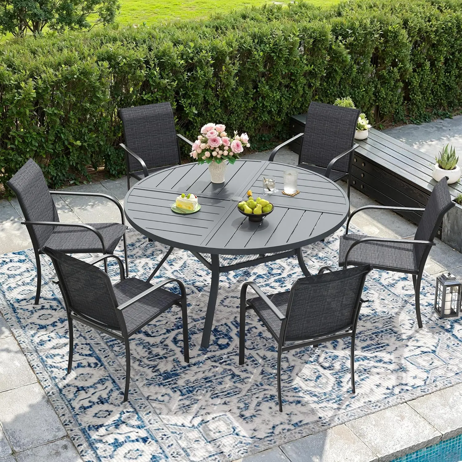 Patio Dining Set for 6, 7 Piece Outdoor Table and Chairs Set, 47.2 Round Metal Patio Dining Table and 6 Textilene, Customized