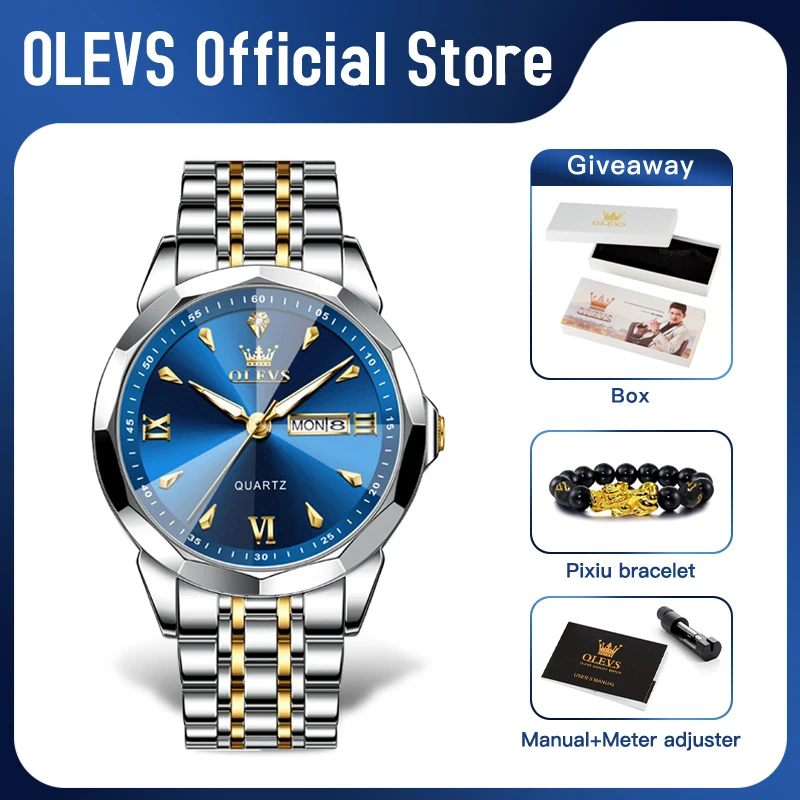 OLEVS 9998 Mens Watch Original Rhombus Mirror Quartz Watch For Man Waterproof Luminous Stainless Steel Dual Calendar Display