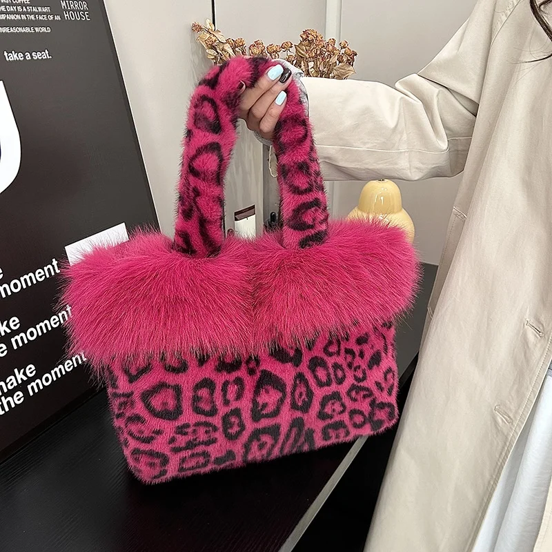 Fashion Leopard Print Fur Tote Bag Warm Soft Shoulder Bag Large Capacity Furry Handbag for Women