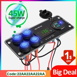 45W 4 Gang Rocker Switch Panel Voltmeter 12-24V QC3.0 & PD USB C Fast Charger for Camping Cars Trucks Boats RV ATV Accessories