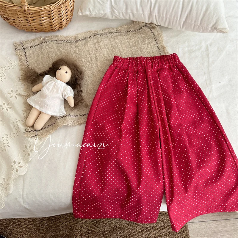 2025 Autumn New Children's Small Polka Dot Pleated Wide-leg Pants Girls Baby Elastic Waist Korean Version Trousers