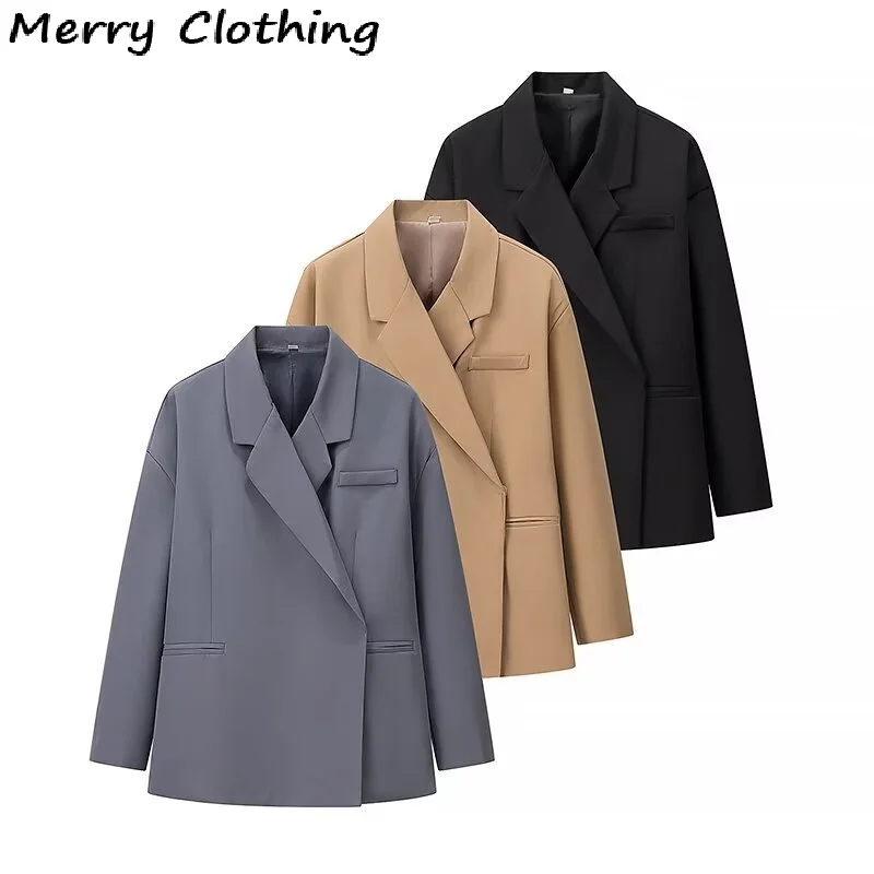 Side Split Blazer Women Oversize Solid Suits Coat Lapel Hidden Buckle Long Sleeve Jacket 2025 Autumn Lady High Street Outerwears