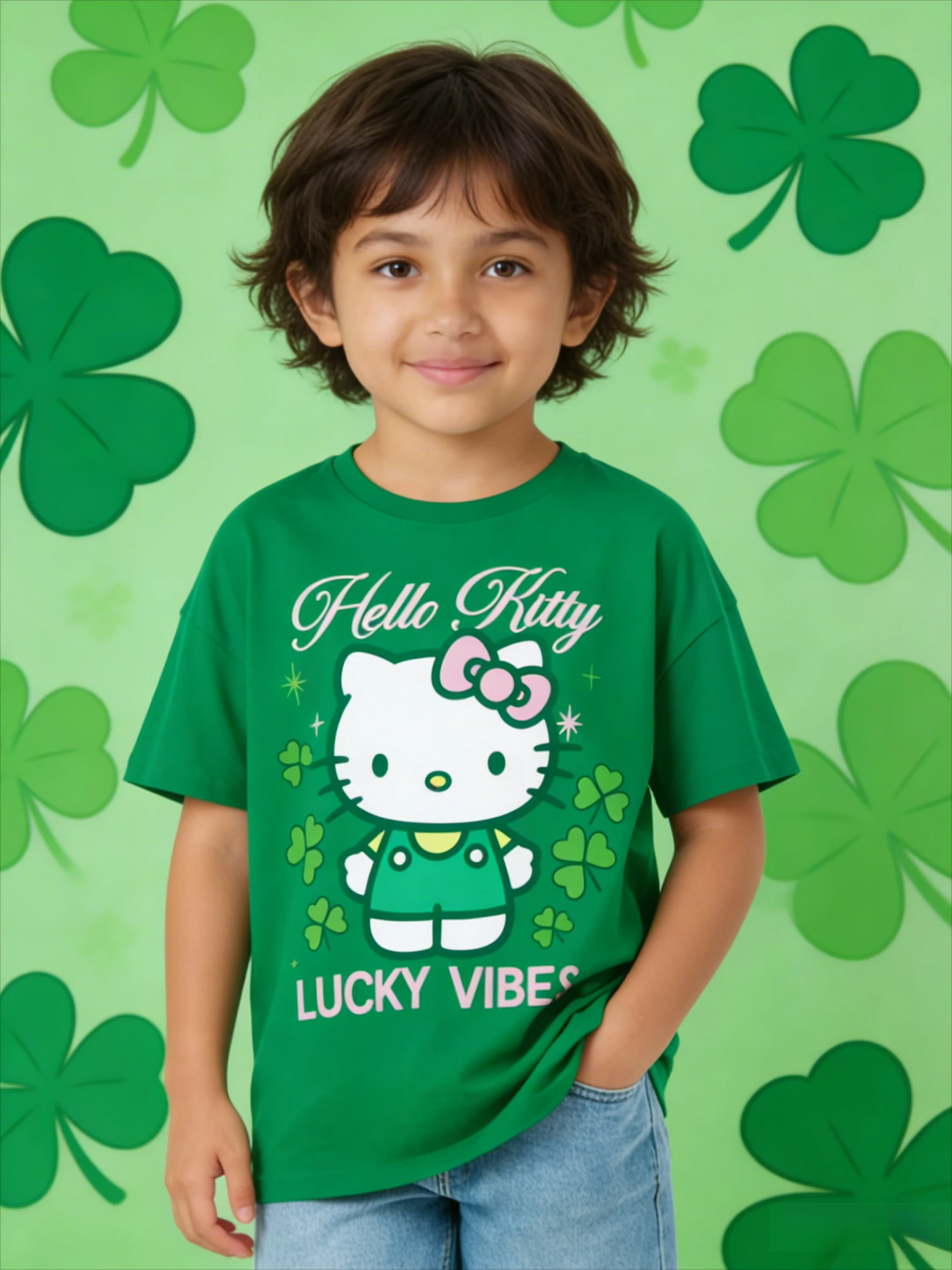 

Летняя футболка оверсайз из 100% хлопка с принтом Hello Kitty на тему Дня Святого Патрика 2026 года для взрослых и детей