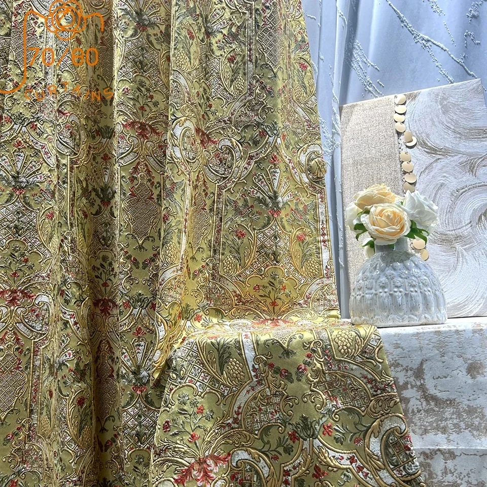 Custom Embossed Gold Jacquard Thickened Blackout Curtains for Living Room Bedroom French Window Balcony Window Villa