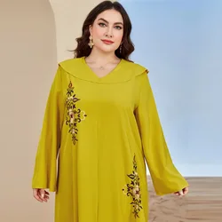 Long Sleeves Embroidered Abayas for Women Loose Casual Dress Plus-size Women's Dress Temperament Printed Muslim Dress Streetwear