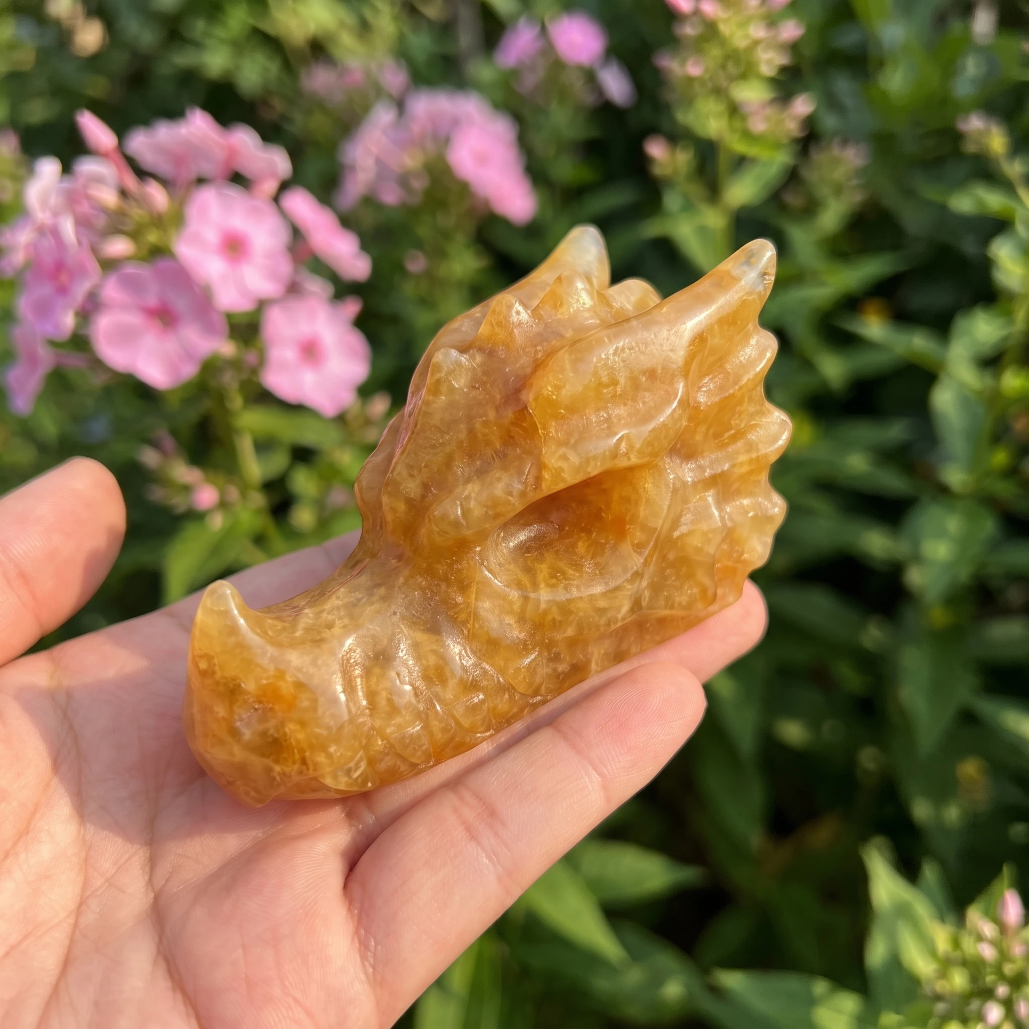 Natural Citrine Carved Ornaments—Spheres, skulls, towers, flame shapes, palm stones, and other yellow healing crystals.