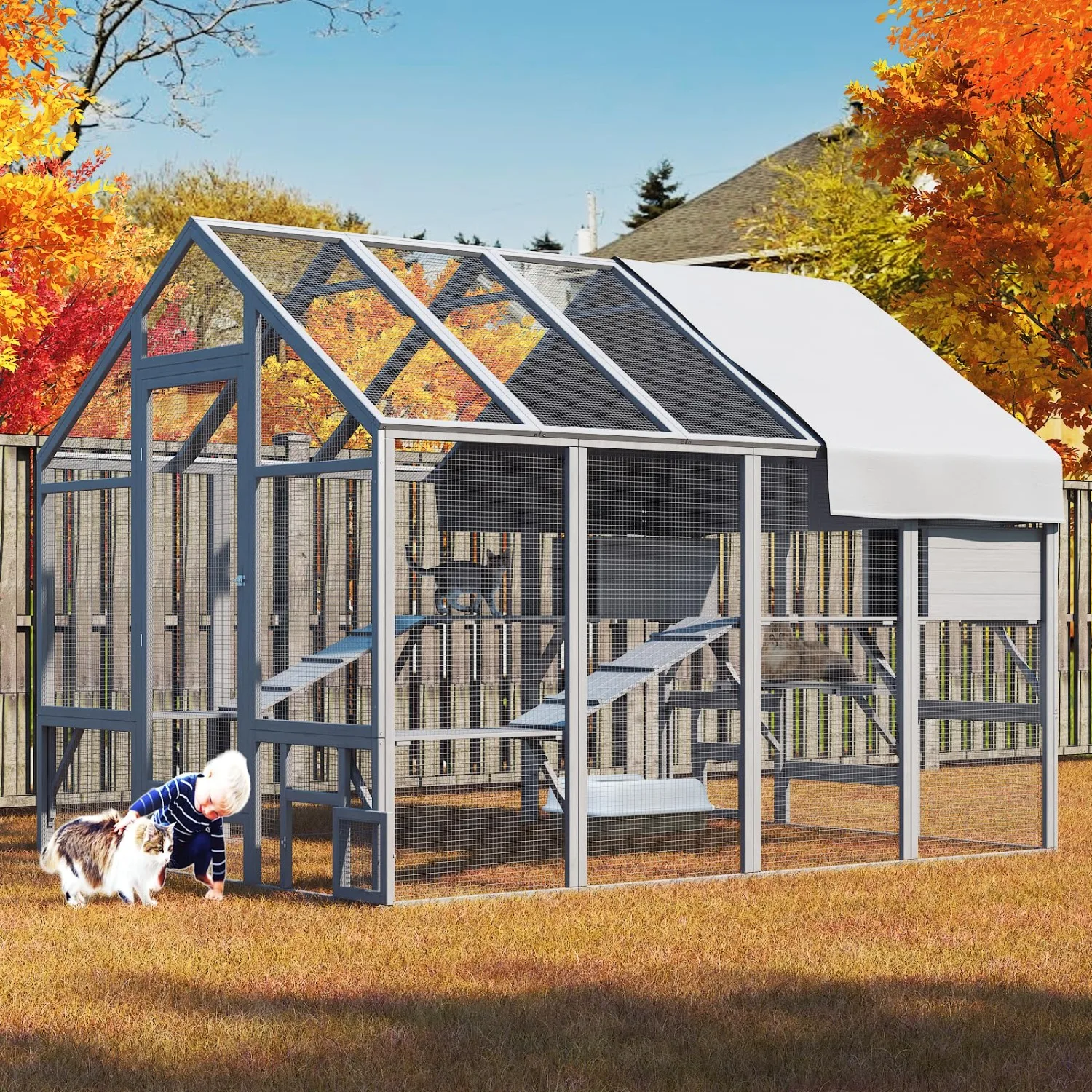 97 inch Large Catio Outdoor Cat Enclosure with Waterproof Cover | Walk in Cat Catio with 9 Platforms, 2 Resting Box for