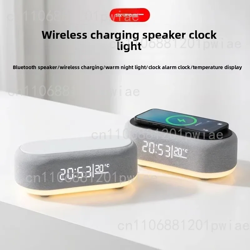 Multifunctional Bluetooth Speaker: 6-in-1 Wireless Charging Clock, Alarm Clock, Thermometer, Night Light, and Speaker