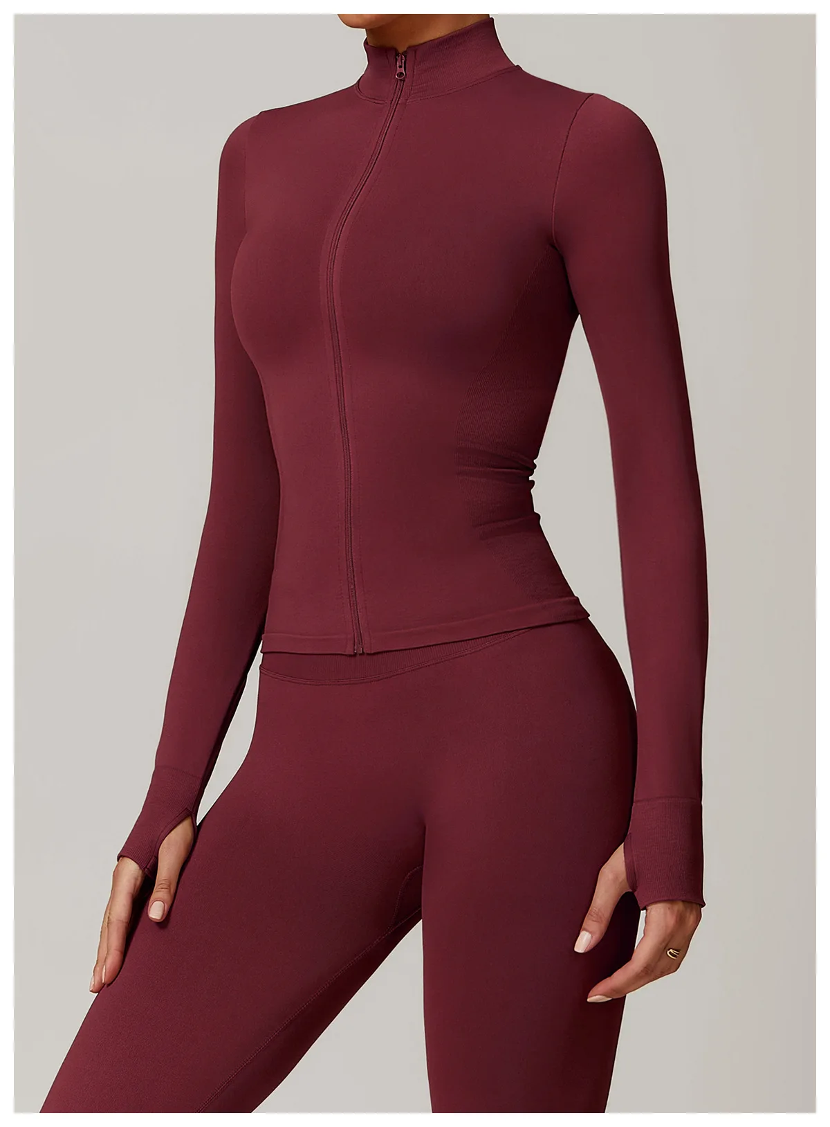 Women's Seamless Long Sleeve Yoga Top Ribbed High Neck Full Zip Slim Fit Sports Jacket Thumb Hole Workout Gym Running Activewear