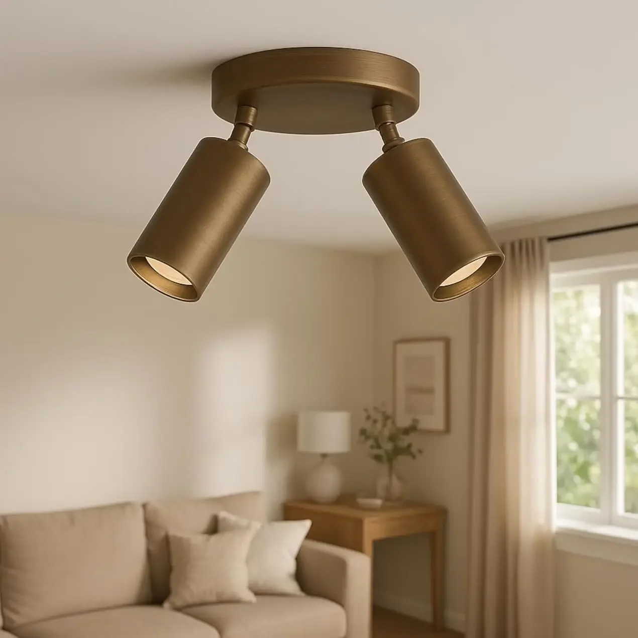 Modern Brass Adjustable Ceiling Spotlight – 2 Light Directional Ceiling Fixture, Dual Head Metal Spot Light for Living Room Bedr