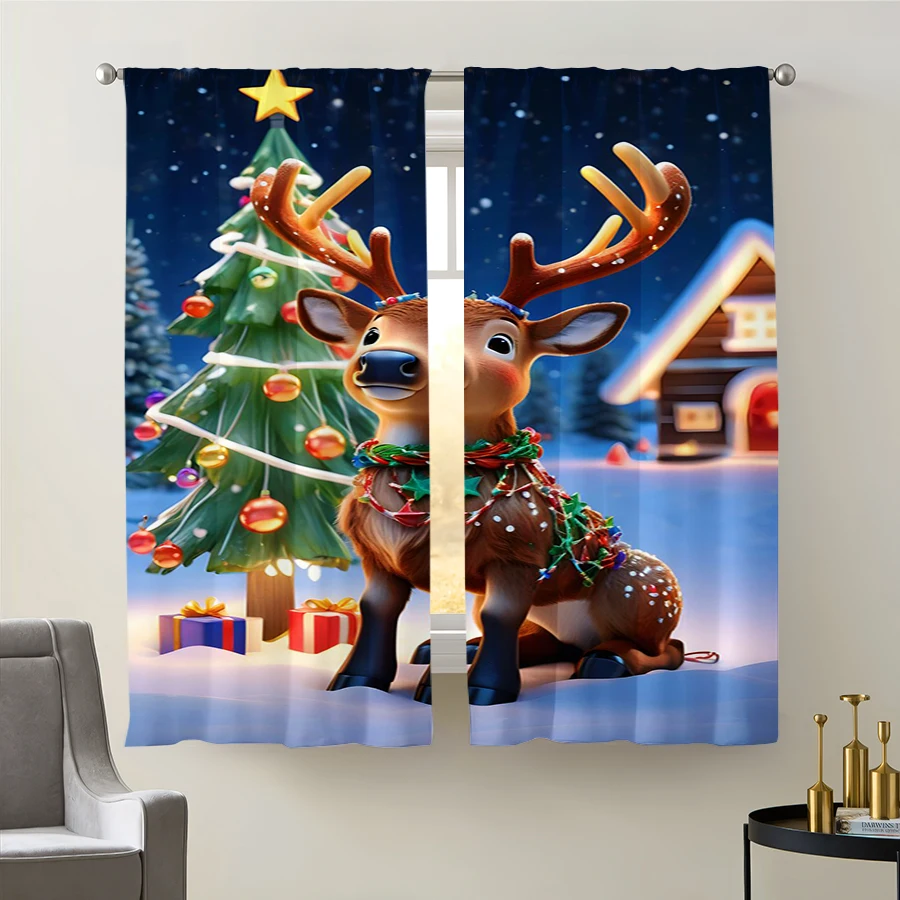 2PCS Christmas Winter Curtains, Cartoon Reindeer, Digital Print, Bedroom Living Room Kitchen, Rod Pocket Polyester, Home Decor