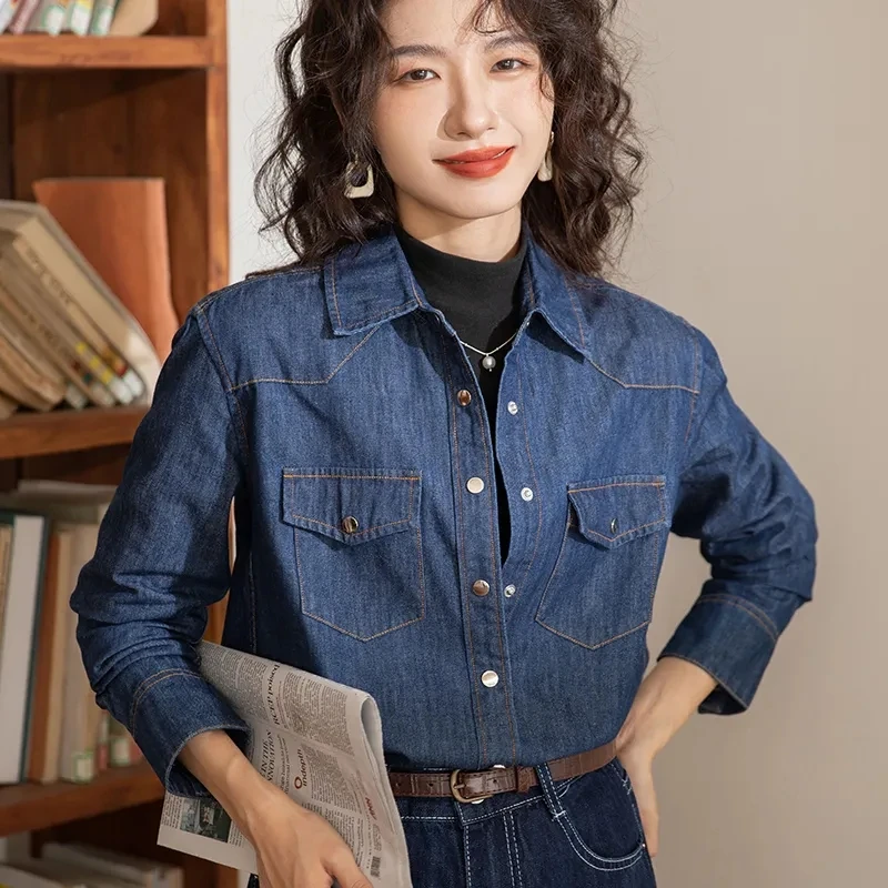 

Ladies Spring and Autumn New Style Retro Dark Blue Denim Shirt Women's Inner Lap Wear Shoulder Denim Single-breasted Jacket Coat