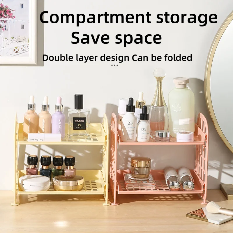 

Foldable Double-Layer Desktop Storage Rack,Office Stationery Kitchen Seasoning Bathroom Cosmetic Storage Rack