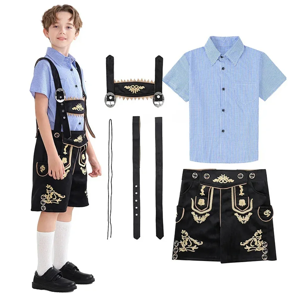 

Traditional Oktoberfest Costumes for Kids Boys Lederhosen Blue Plaid Shirt Halloween Cosplay Costumes Carnival Party Outfits