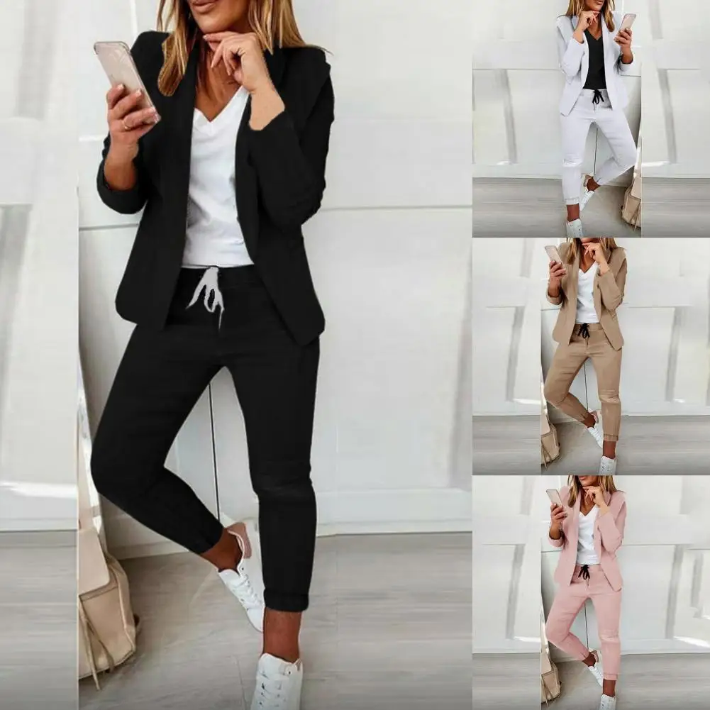 Stylish Suit Set Regular Sleeve Ladies Pure Color Slim Suit Set  Outfit Blazer Pants for Office