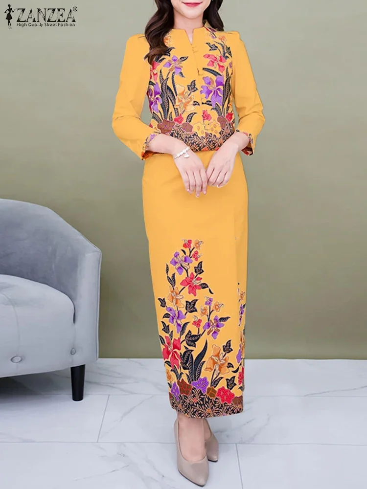 

Elegant Work Long Dress Sets V Neck 3/4 Sleeve Printed Shirts Maxi Skirts Women Oversized Lady Party Matching Sets 2025 ZANZEA