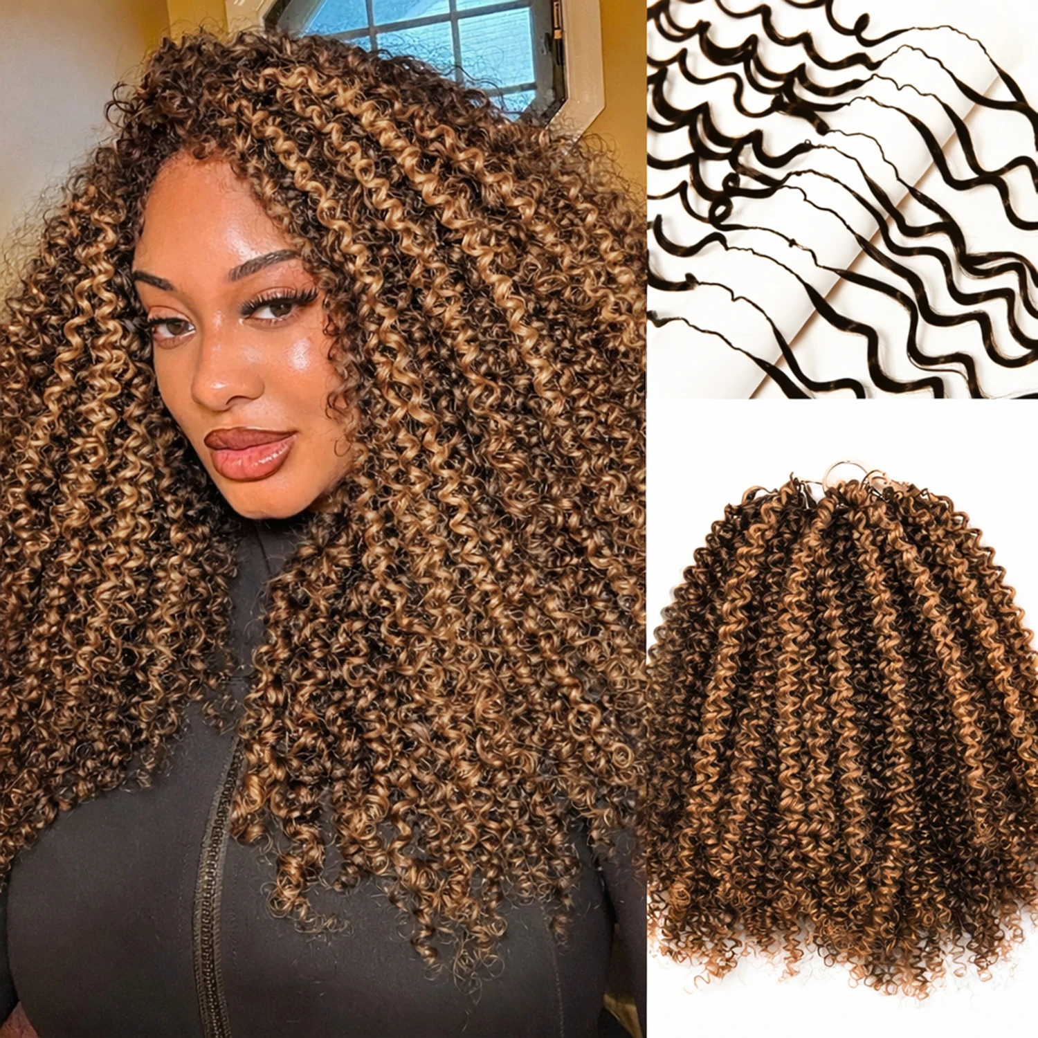 P4/27 Highlight Ombre Kinky Curly Feather Crochet Human Hair Pre-Separated 15A Dark Brown and Blonde Jerry Curl Hair Extensions