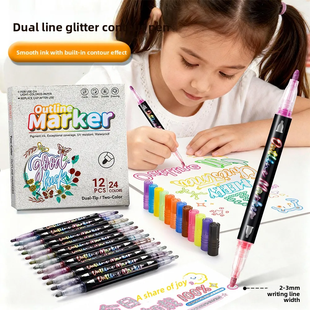 24Color Dual Line Pen Student Diy Contour Pen Set Fluorescent Marker Pen Canvas Rock Painting Glass Ceramic Surface Marking