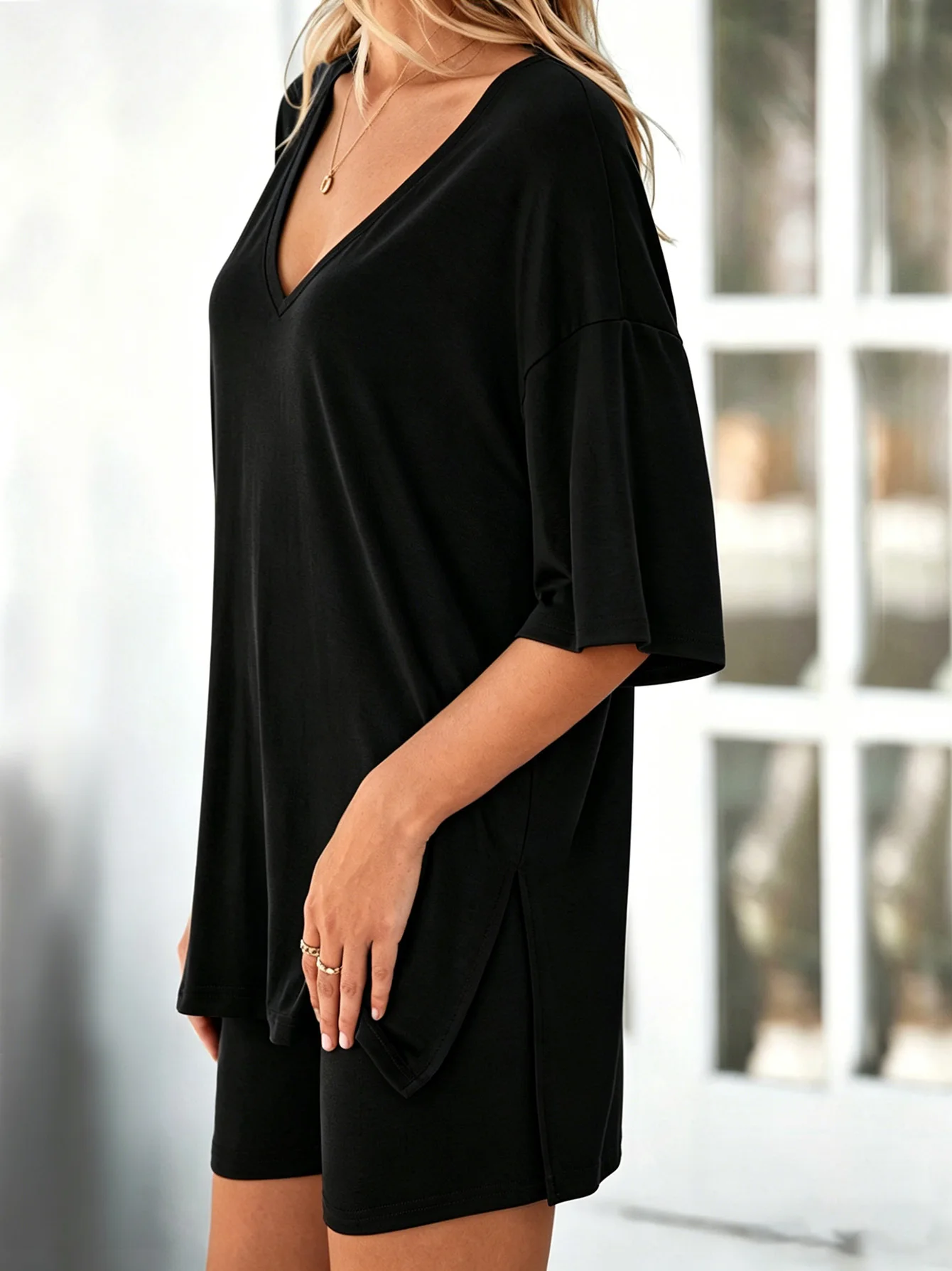Women's loungewear set, casual short sleeve top + shorts, wear-at-home & outwear pajamas image 3