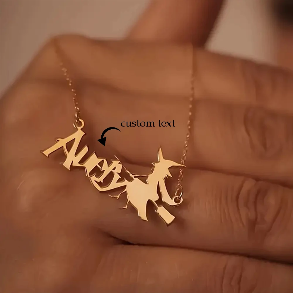 

Personalized Stainless Steel Witch Name Necklace For Halloween Custom Gold Color Jewelry Clavicle Charm Choker Women Girls Gift