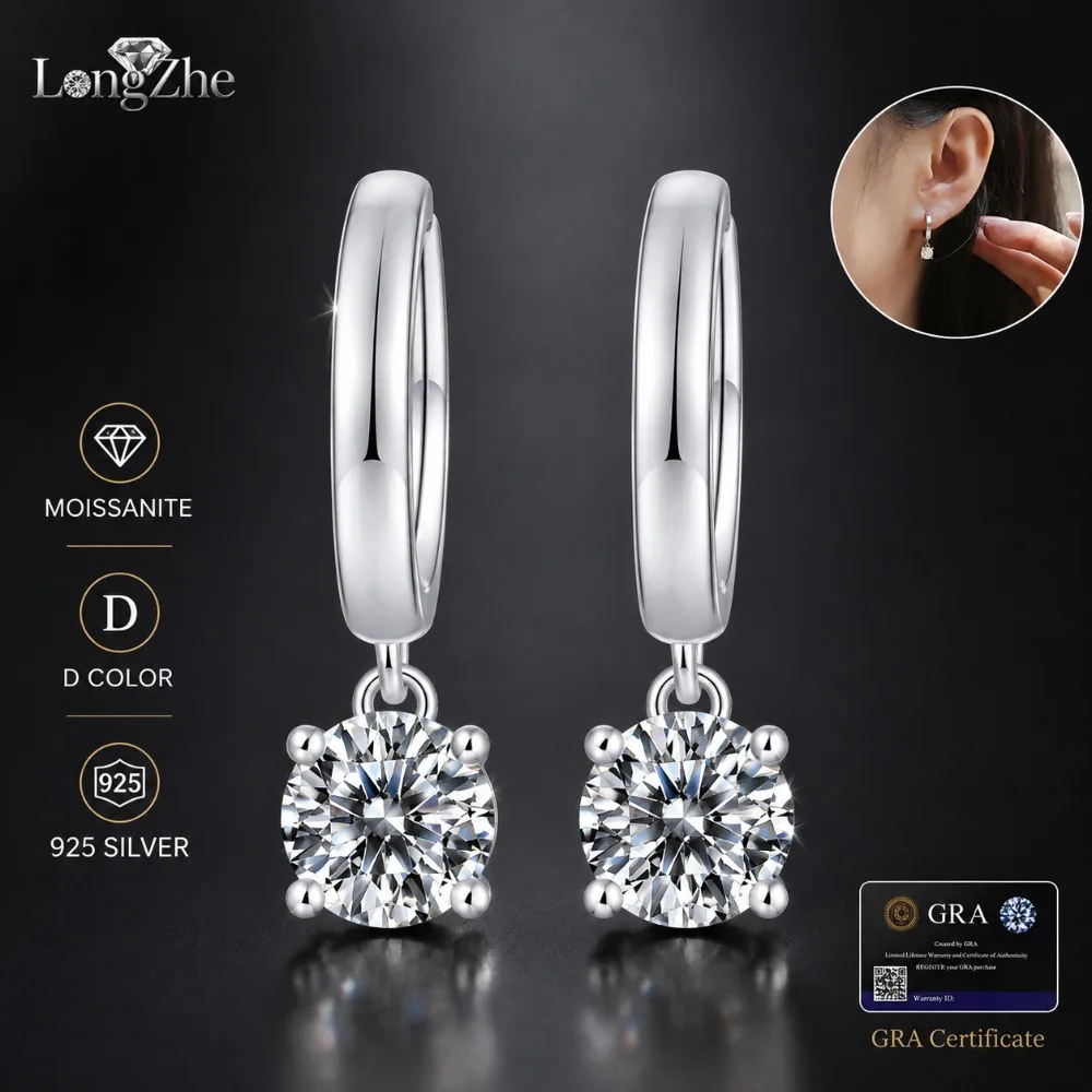 Moissanite Drop Hoop Earrings S925 Sterling Silver Round Cut Dangle Earrings for Women Wedding Anniversary Gift