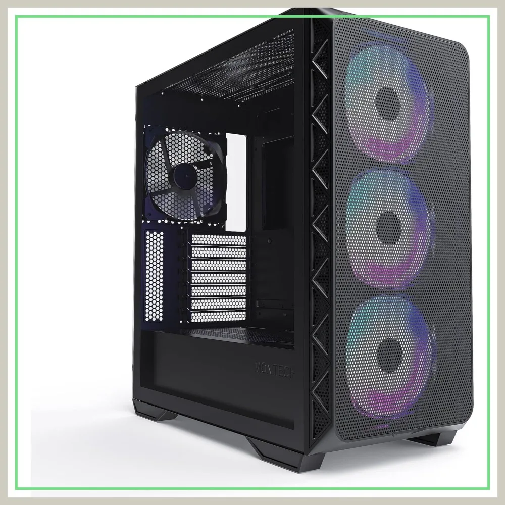 High Airflow E-ATX Mid Tower Case, 3x 140mm ARGB PWM & 1x 140mm PWM Fans Pre-Installed, Tempered Glass Side Panel, Mesh Front, Type-C, Support 4090 GPUs, Black