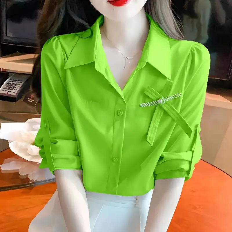 Bow Patchwork Button All-match Korean Blouse Spring Autumn Long Sleeve Polo Neck Office Shirt Tops Fashion Korean Women Clothing