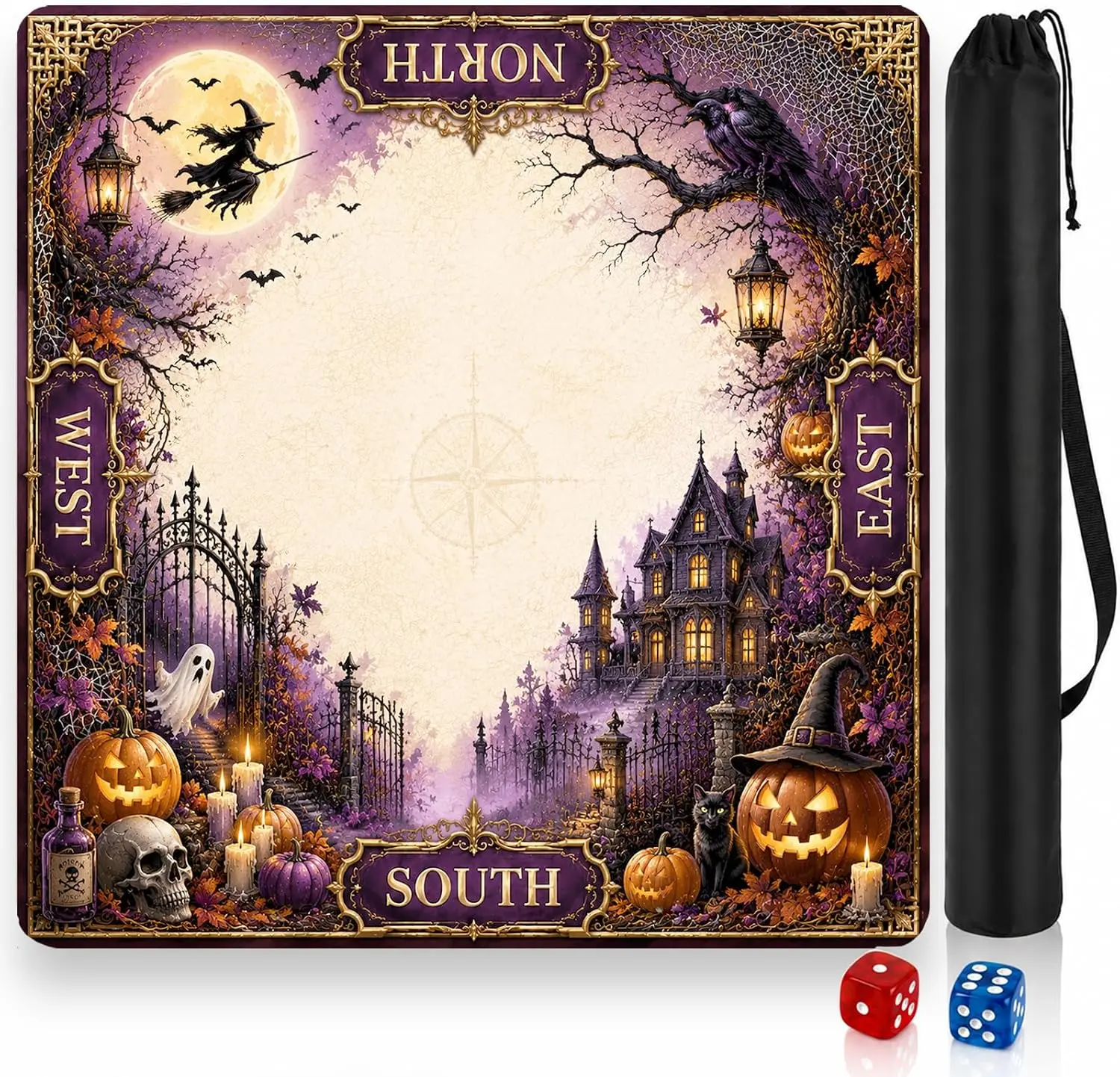 American Mah Jongg Table Mat Gothic Pumpkin Halloween Style Portable Neoprene Non‑Slip Surface Quiet Tile Play Easy Storage