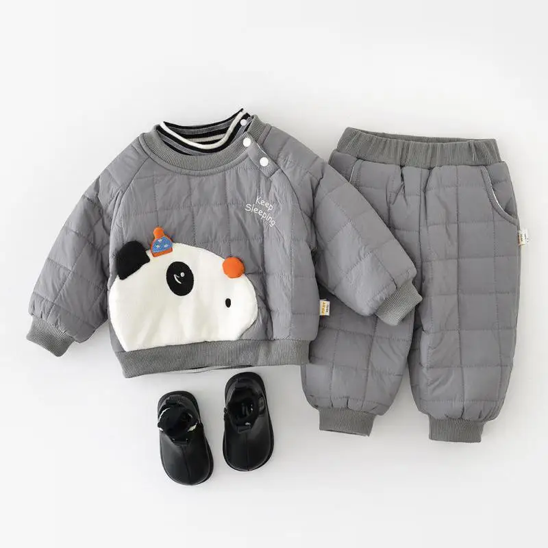 Boys Girls Cute Cartoon Padded Jacket + Pants 2pcs Suit Plus Velvet Thick Infant Outfits 2025 Winter New Baby Warm Clothes Set