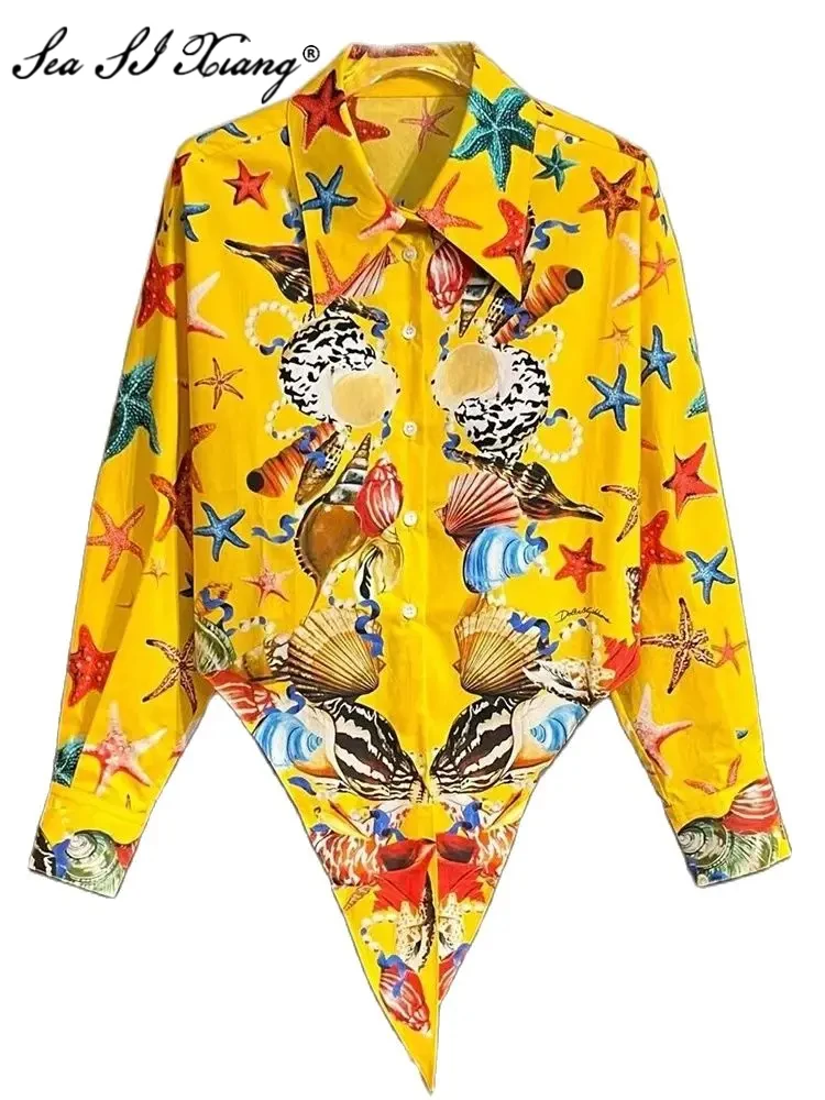 Seasixiang Fashion Designer Summer Cotton Starfish Print Shirt Women's Turn-down Collar Long Sleeves Single Breasted Short Tops