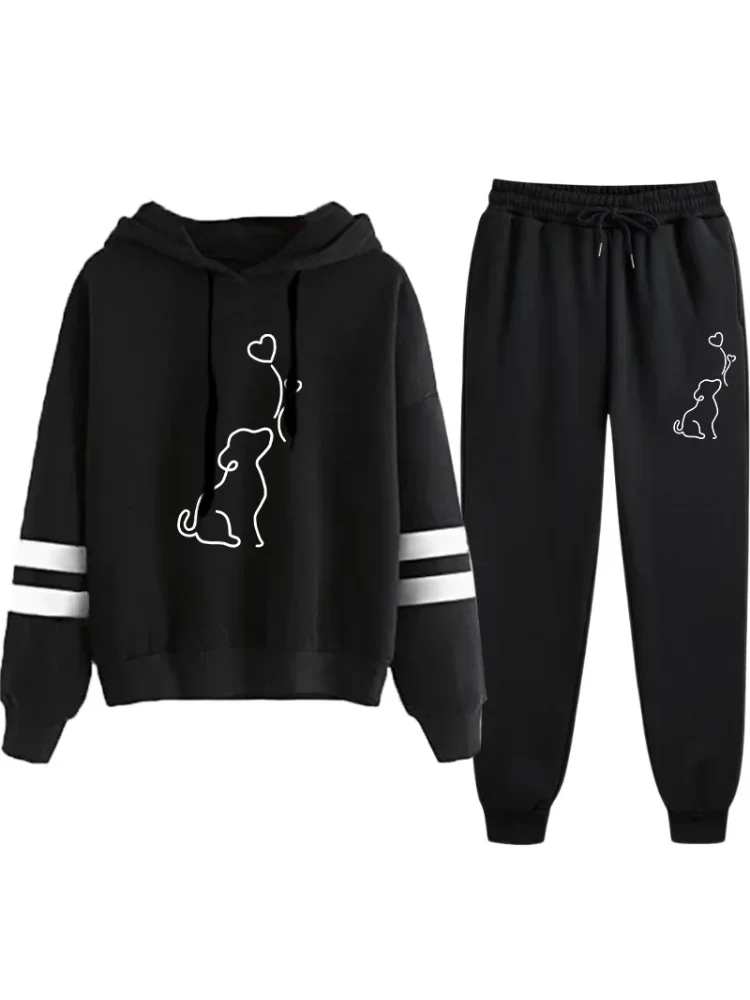 2025 offre spéciale femmes survêtement sweat à capuche noir pantalon de survêtement urbain décontracté mode vêtements de sport mignon motif à capuche survêtement ensemble